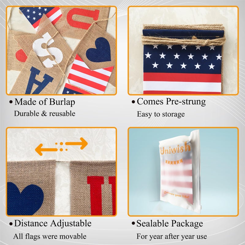 Uniwish USA Banner Burlap Bunting 4th of July Decorations American Independence Day Celebration Red White and Blue Theme Party Supplies - Image 2